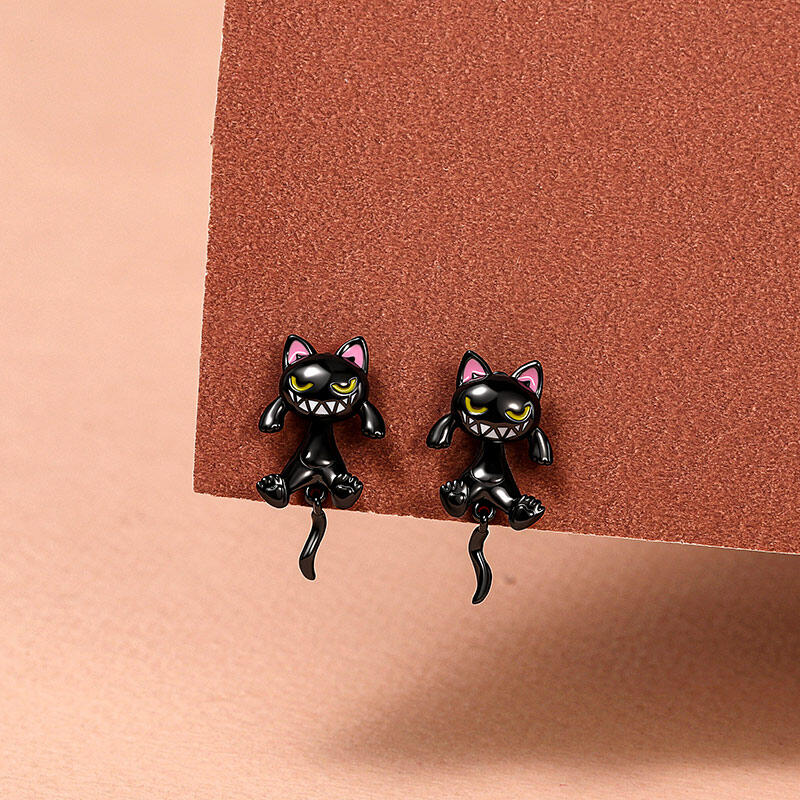 Jeulia Petland Dual Wear Enamel Black Cat Earrings