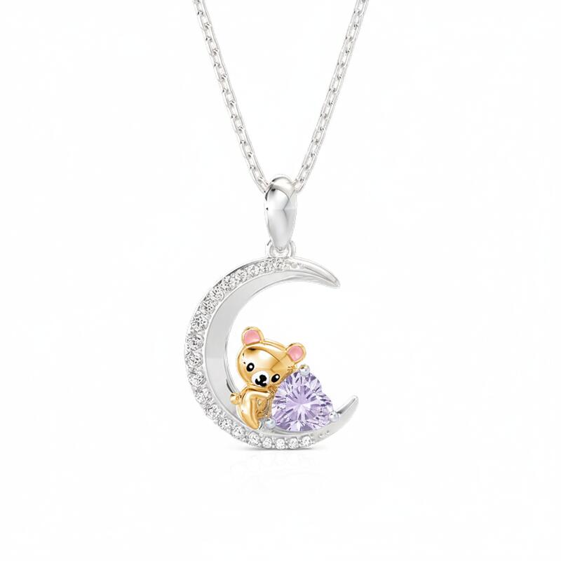 Jeulia Hug Me Custom Teddy Bear Moon Necklace With Birthstone