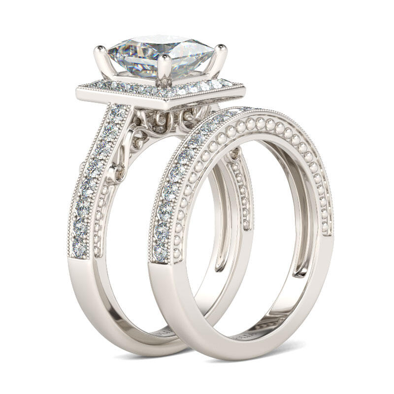 Jeulia Halo Princess Cut Sterling Silver Ring Set