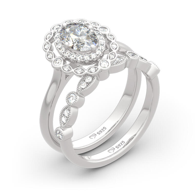 Jeulia Vintage Halo Oval Cut Sterling Silver Ring Set