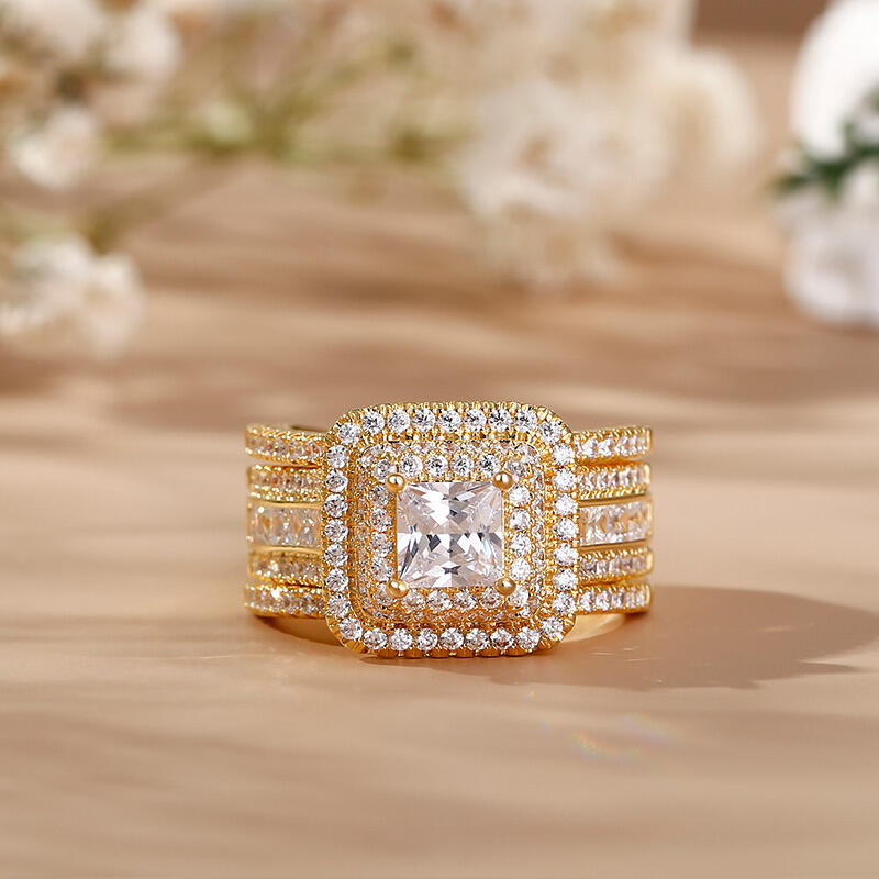 Jeulia tre halo Princess Cut Sterling Silver Enhancer Ring Set
