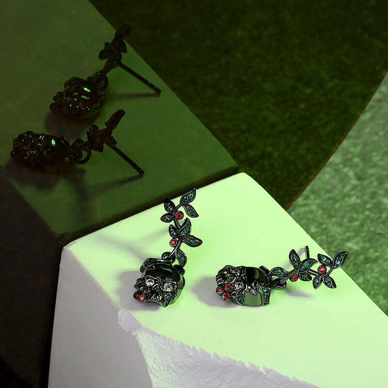 Jeulia "Rebirth" Skull Leaves Sterling Silver Earrings