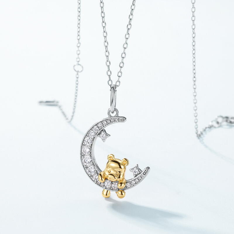 Jeulia Collar con Oso de Dibujos Animados Luna y Estrella en Plata