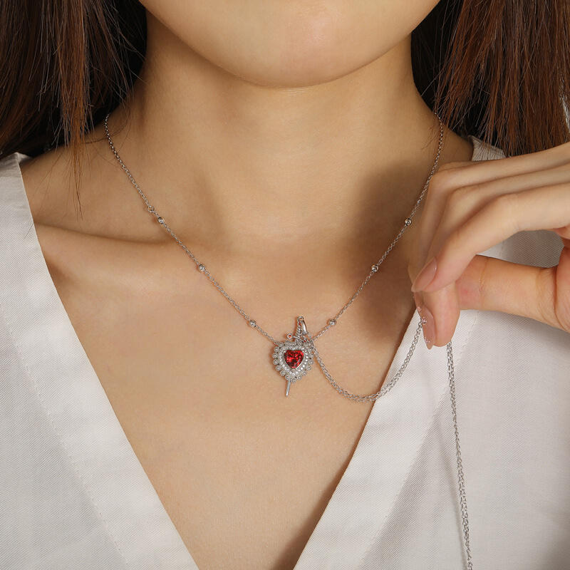 Jeulia Sword Couples Ruby Heart Necklace