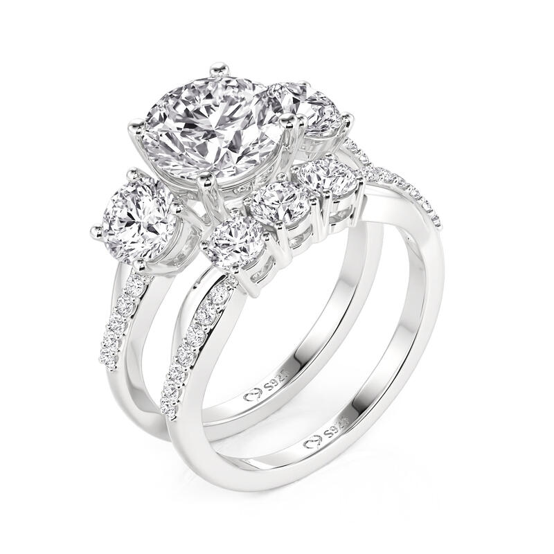 Jeulia Three Stone Round Cut Twist Ring Set Sterling Silver