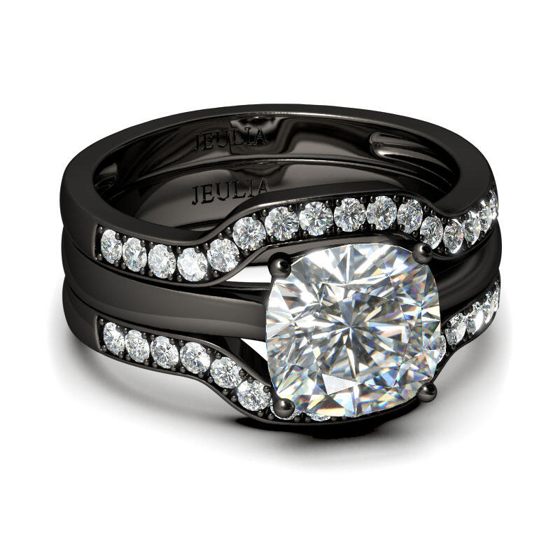 Jeulia Terno De Anillos Con Tono Negro De Talla Cojín En Plata De Ley