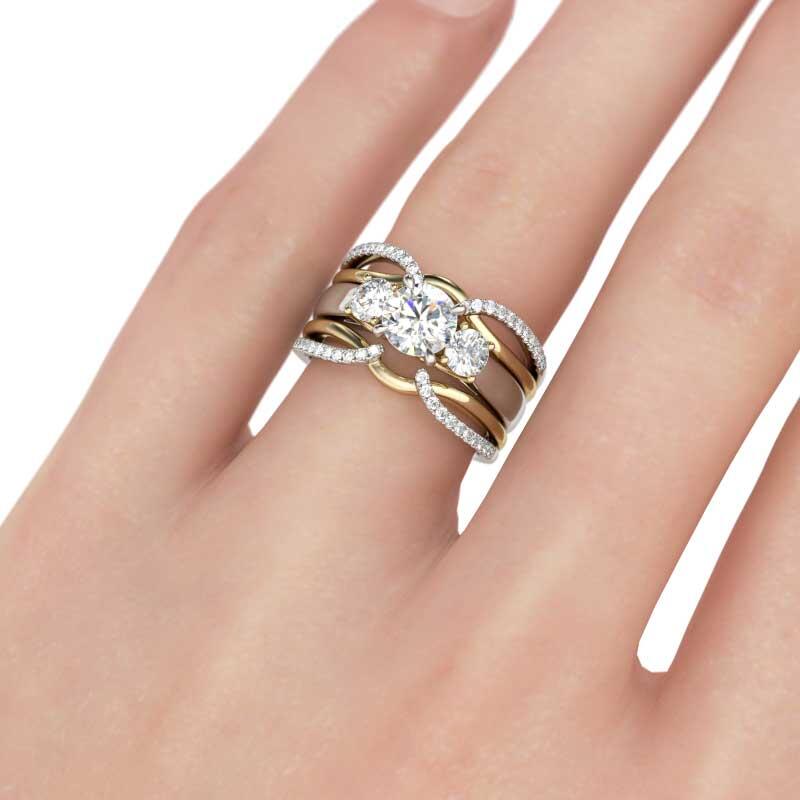 Jeulia Two Tone Three Stone Round Cut Sterling Silver Ring Set
