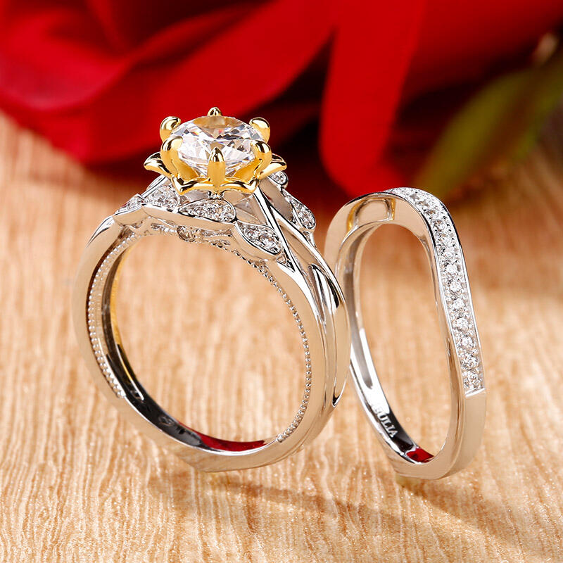 Jeulia Flower Round Cut Sterling Silver Ring Set