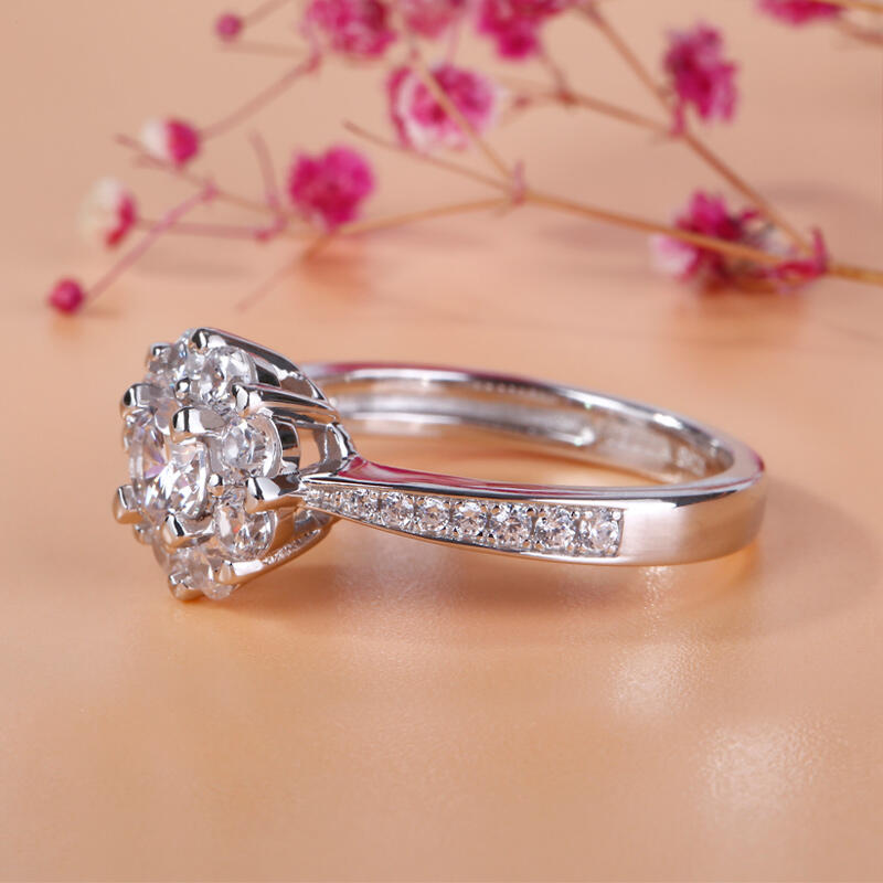 Jeulia Floral Halo Cluster Round Cut Sterling Silver Ring