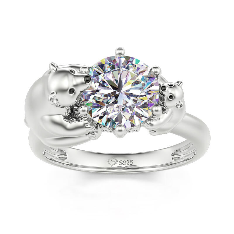 Jeulia Hug Me "Mother & Baby" Polar Bear Round Cut Sterling Silver Ring