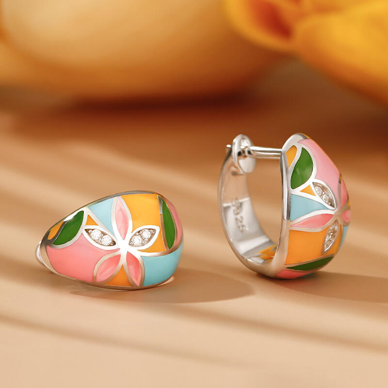 Jeulia "Bright & Fun" Flower Enamel Sterling Silver Hoop Earrings