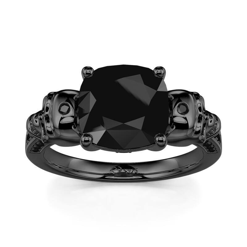 Jeulia "Eternal Love" Black Skull Cushion Cut Gothic Sterling Silver Ring