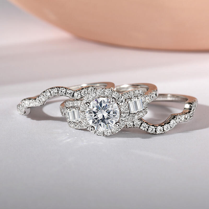 Jeulia Halo Round Cut Sterling Silver Ring Set