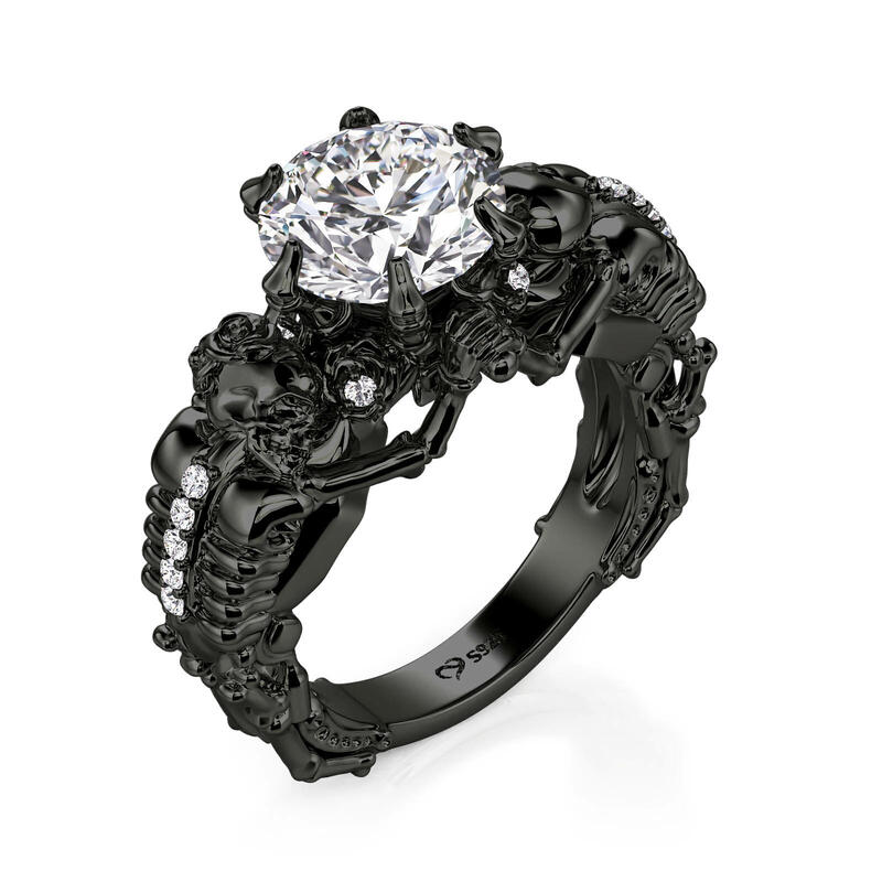 Jeulia Gothic Elegance Black Skull Ring Sterling Silver