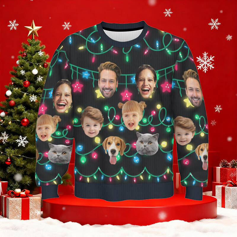 Personalisierter hässliche Weihnachtspullover Unisex Individuelles Gesichtsfoto Lichterkette Lustiges Design Weihnachtsgeschenk für die Familie