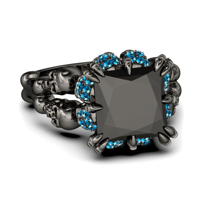 Jeulia Fancy Black Princess Cut Sterling Silver Skull Ring