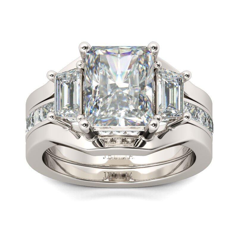 Jeulia Three Stone Radiant Cut Sterling Silver Ring Set
