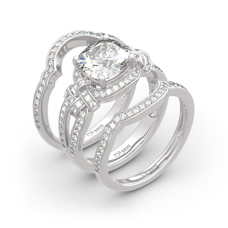 Jeulia 3PC Knot Design Cushion Cut Sterling Silver Ring