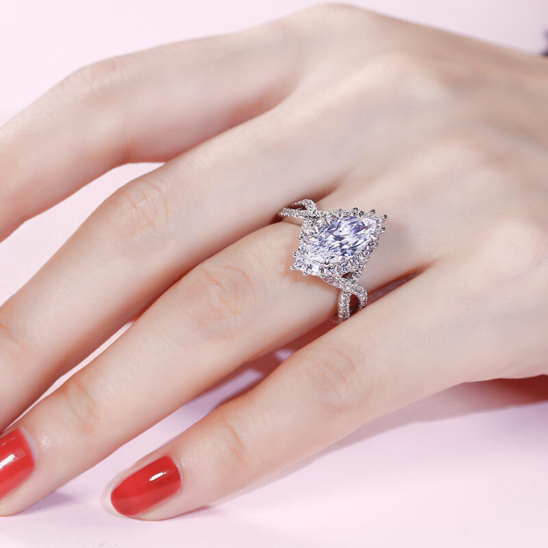 Jeulia Halo Split Shank Marquise Cut Sterling Silver Ring