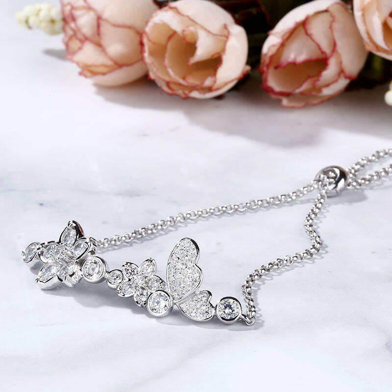 Jeulia Flower and Butterfly Sterling Silver Bolo Bracelet