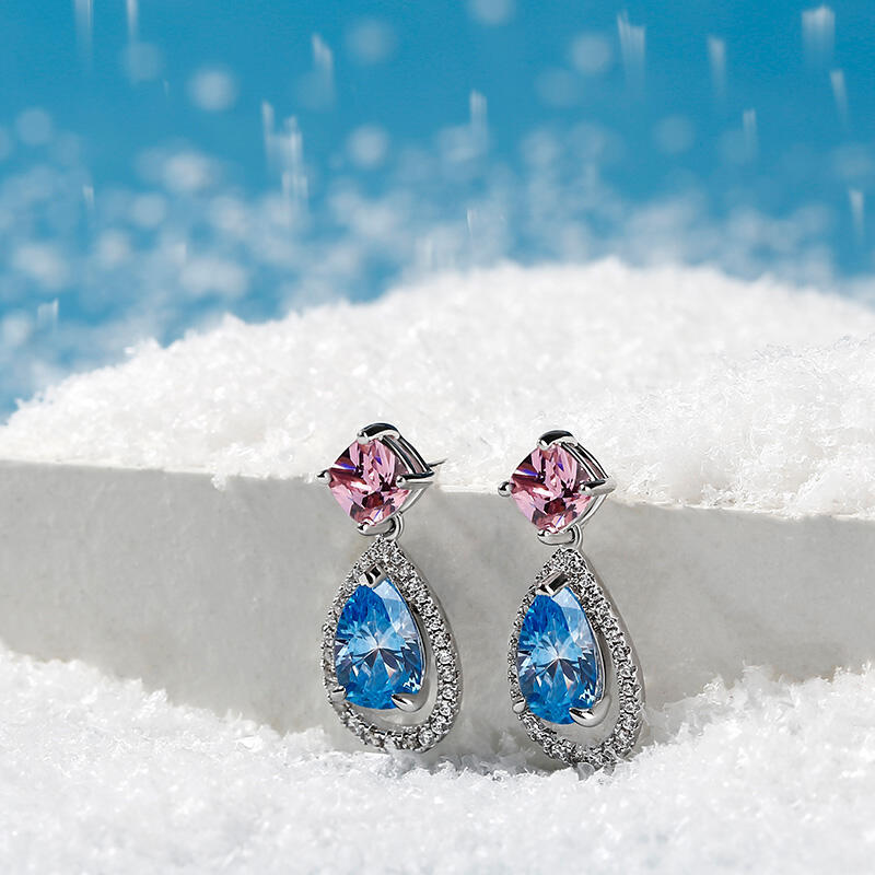 Jeulia Aretes de plata esterlina con aguamarina diseñado de lágrima y halo con corte de pera