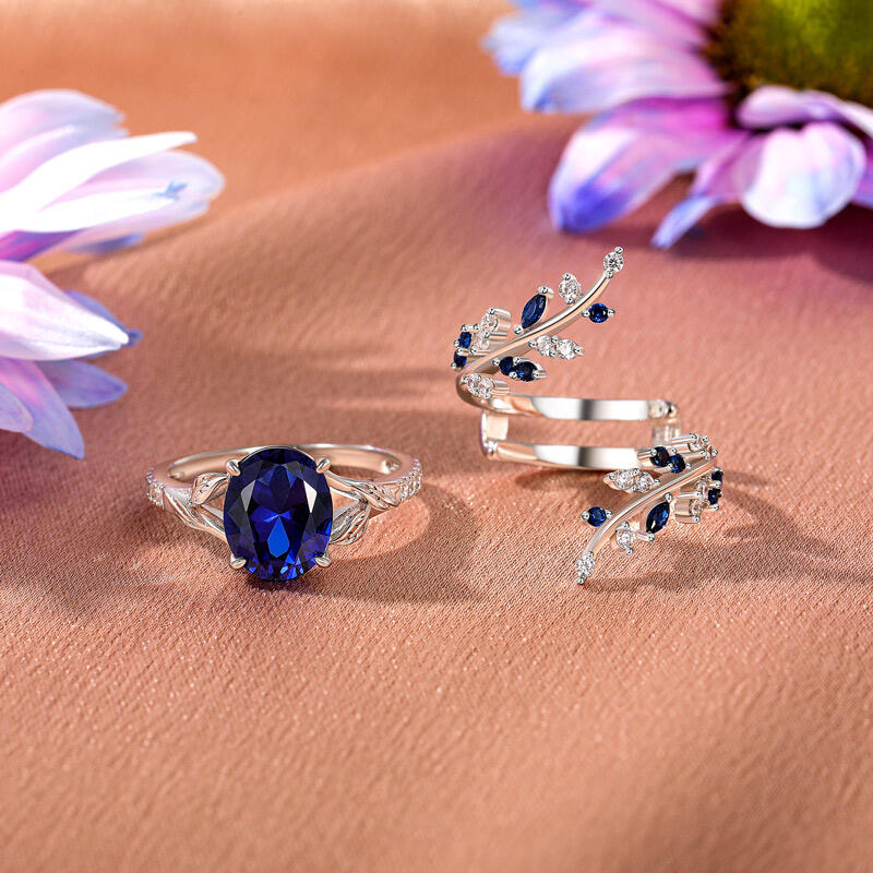Jeulia Vintage Cubic Leaf Sapphire Ring Set