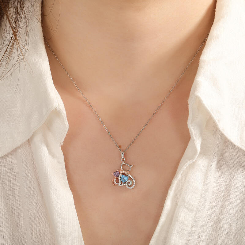 Jeulia Hug Me Custom 2 Birthstones Mother Child Cat Necklace