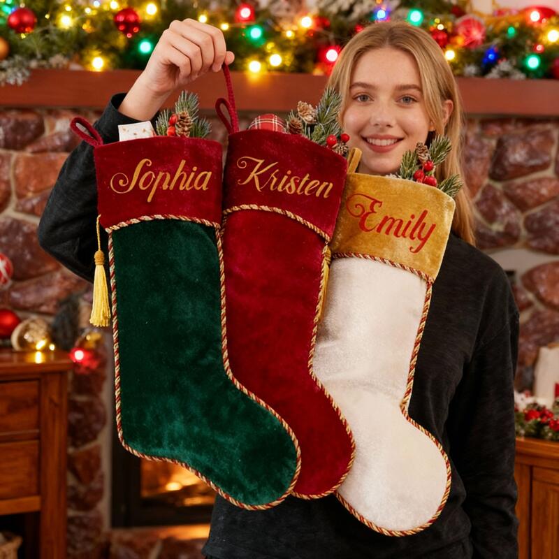 Personalized Velvet Christmas Stockings with Custom Names as Gifts for Your Family