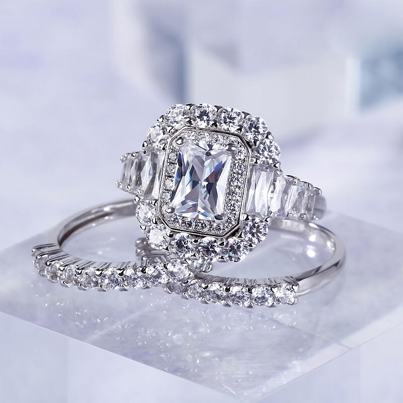 جوليا طقم خواتم هالة قطع مشع من الفضة الإسترليني مجموعة من ثلاث حلقات