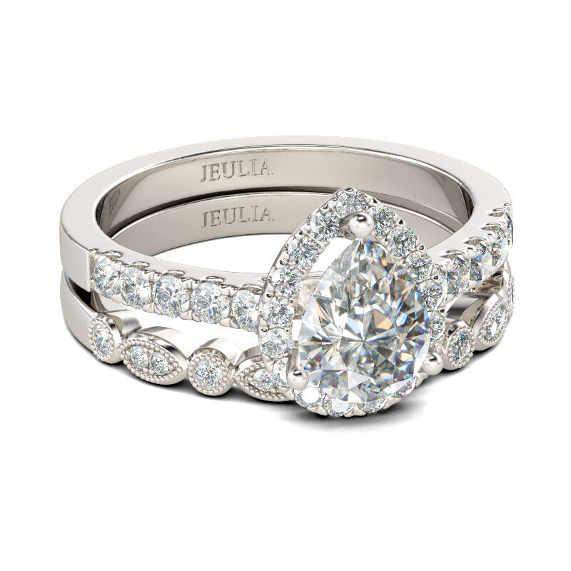 جوليا طقم خواتم هالة بقطع كمثرى من الفضة الإسترليني على شكل مسنن