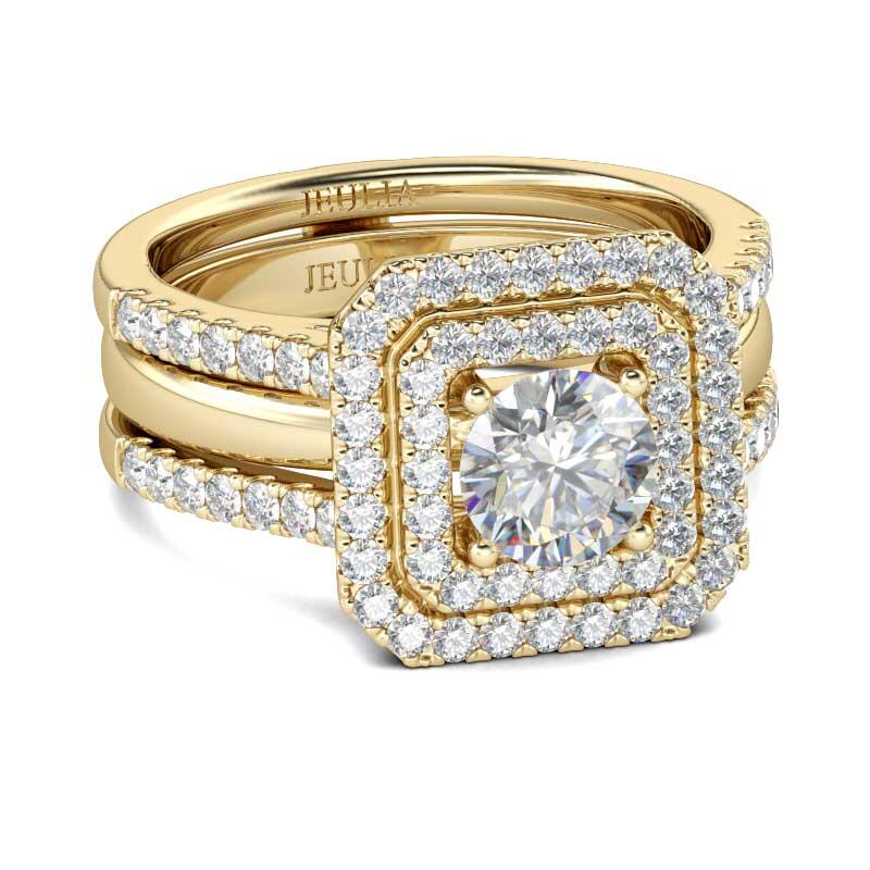 Jeulia Podwójne Aureola Okrągłe Cięcie Zestaw Pierścionków Srebrnych