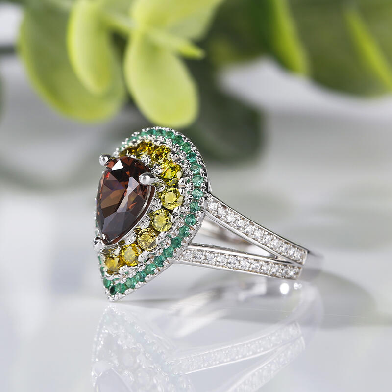 Jeulia Avocado Design Double Halo Pear Cut Sterling Silver Ring