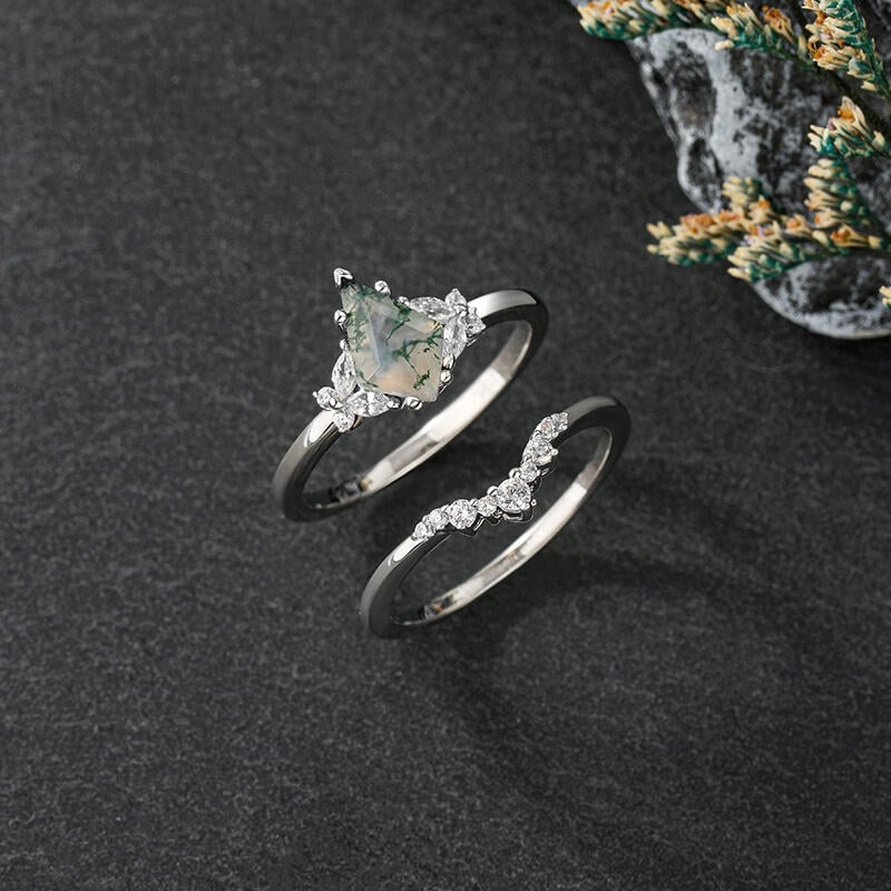 Moss Agate Engagement Ring Set