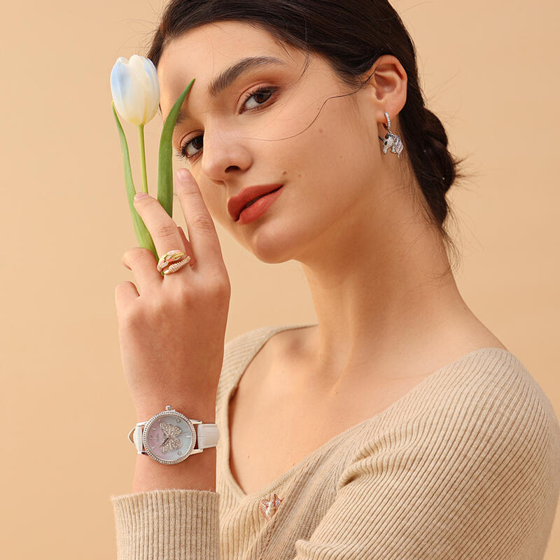 Jeulia "Dreamy Rainbow" Butterfly Design Quartz White Leather Watch with Ombre Dial