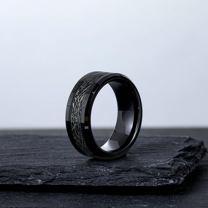 Jeulia Meteorite Pattern Black Tungsten Ring for Men