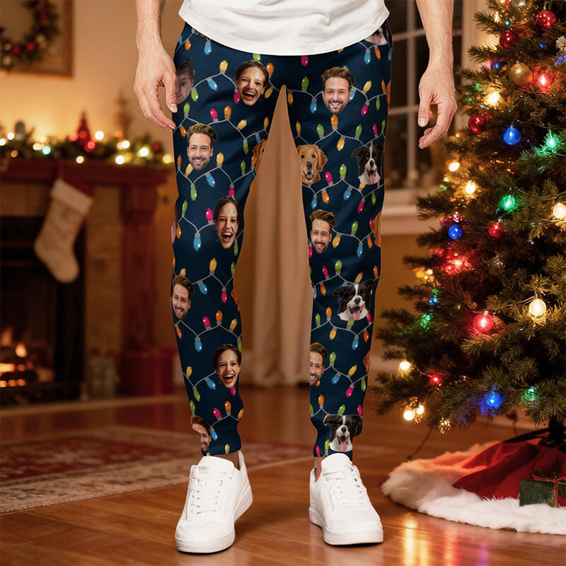 Gepersonaliseerde unisex joggingbroek met foto van hoofd Lichtjesontwerp Kerstcadeau voor familie