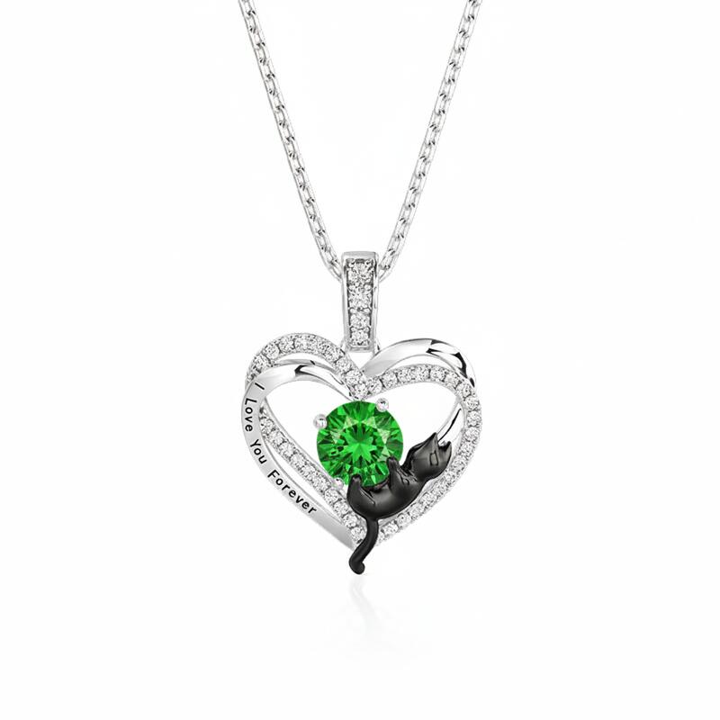 Jeulia Custom Black Cat Double Heart Necklace With Birthstone