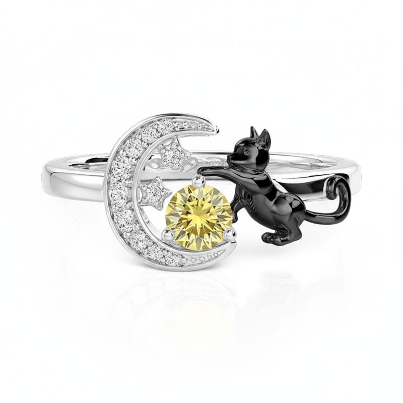 Jeulia Custom Black Cat Moon and Star Ring With Birthstone