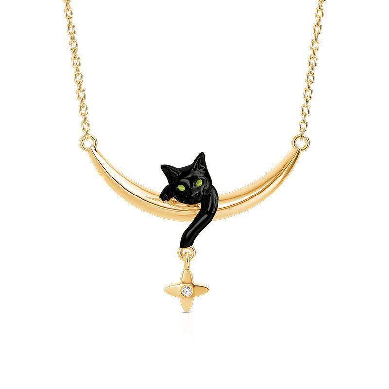 Jeulia Petland Black Cat Moon Necklace With Star Accent