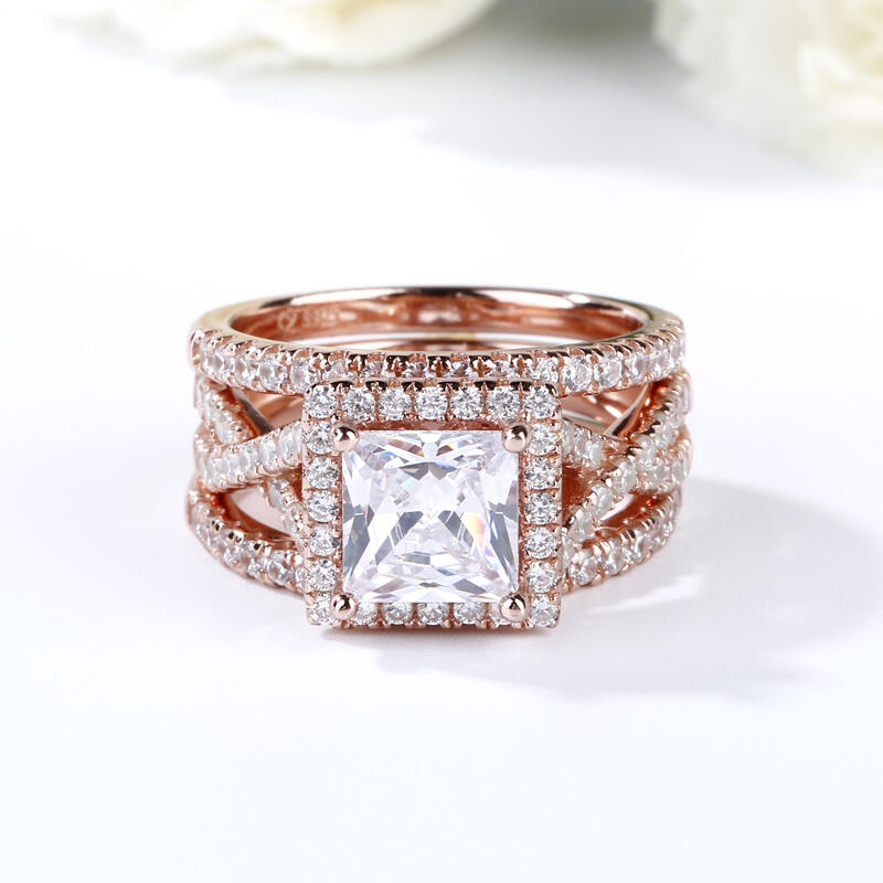 Jeulia 3PC Halo Princess Cut Sterling Silver Ring Set