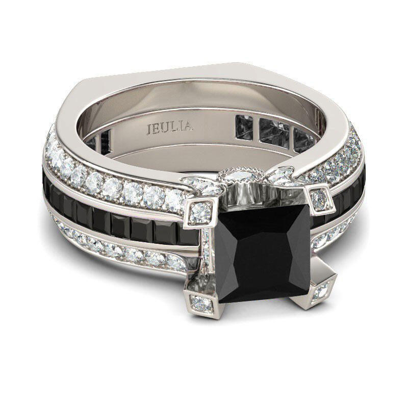 Jeulia Conjunto de anéis intercambiáveis de prata esterlina corte princesa bonito