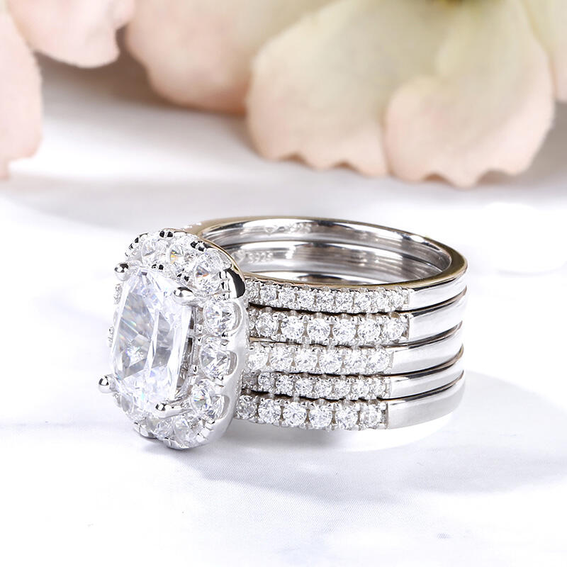 Jeulia 5PC Halo Cushion Cut Sterling Silver Ring Set