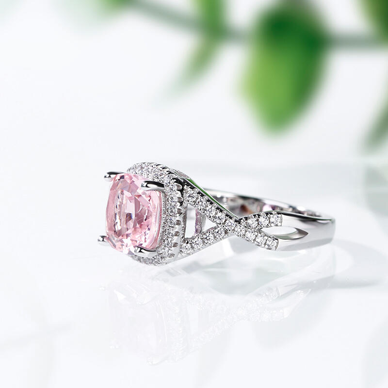 Jeulia Twist Halo Cushion Cut Synthetic Morganite Sterling Silver Ring
