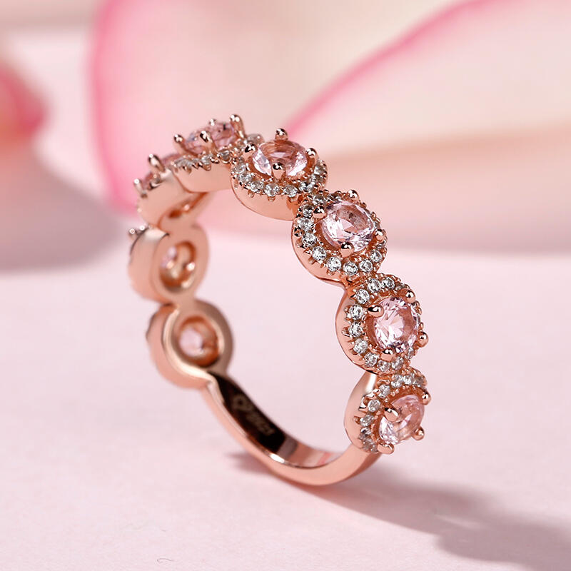 Jeulia Halo Round Cut Synthetic Morganite Sterling Silver Women's Band