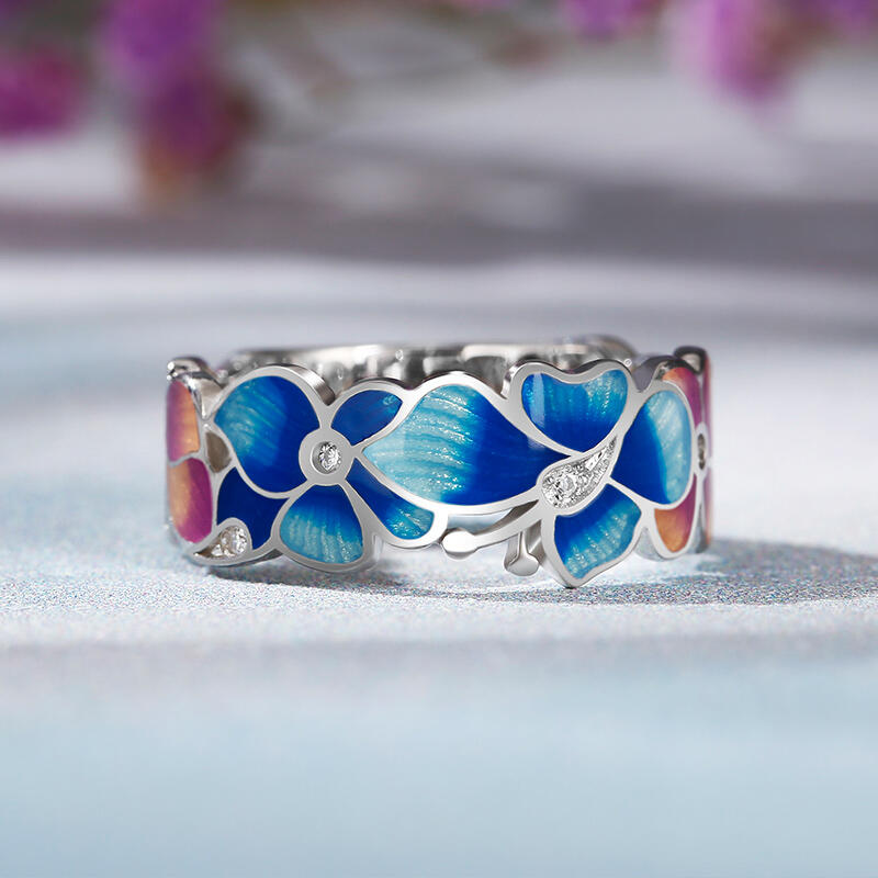 Jeulia Anillos de mujer de plata de ley con esmalte en forma de flores en rosa y azul