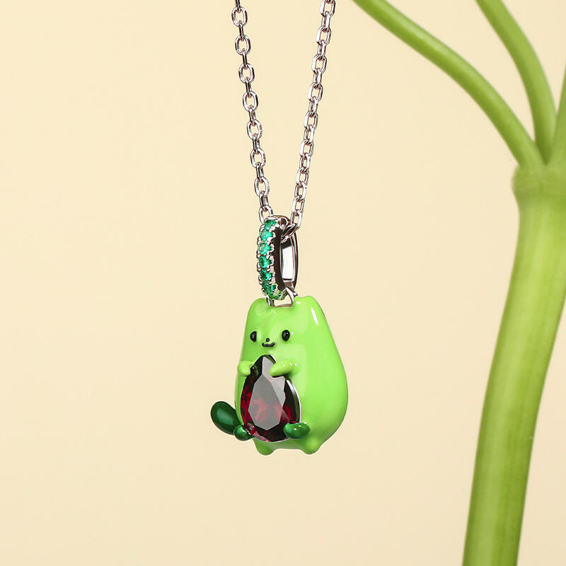 Jeulia Hug Me "Avocado Cat" Enamel Sterling Silver Necklace