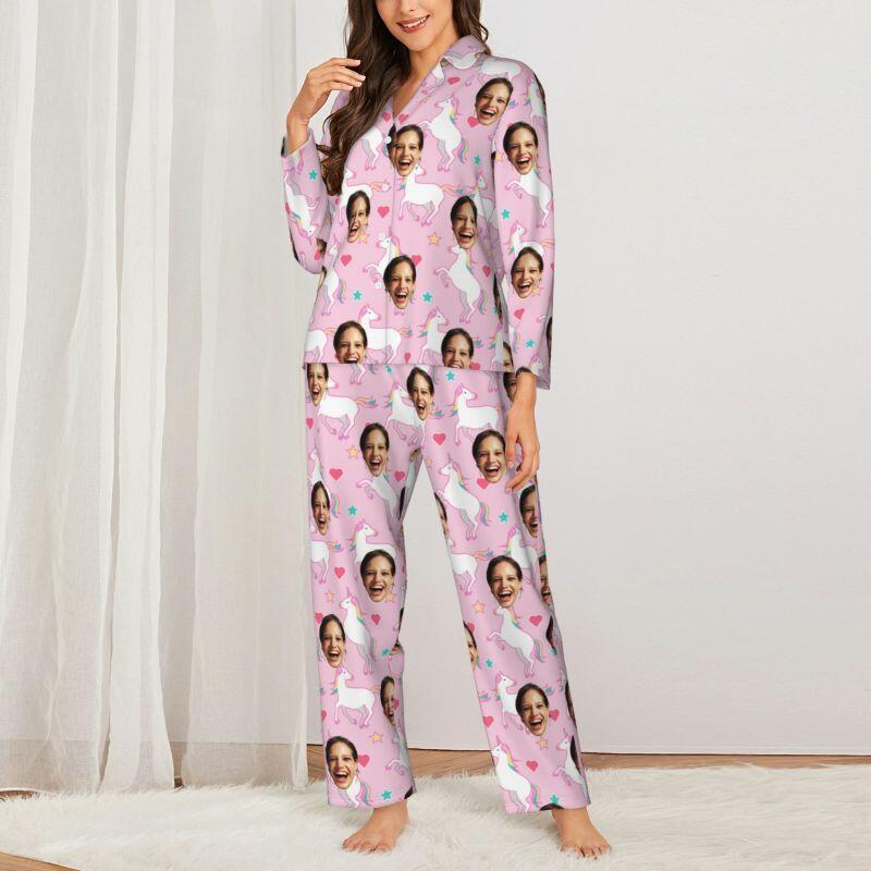 Gepersonaliseerde pyjama aangepaste foto regenboog eenhoorn roze patroon ontwerp schattig cadeau voor haar