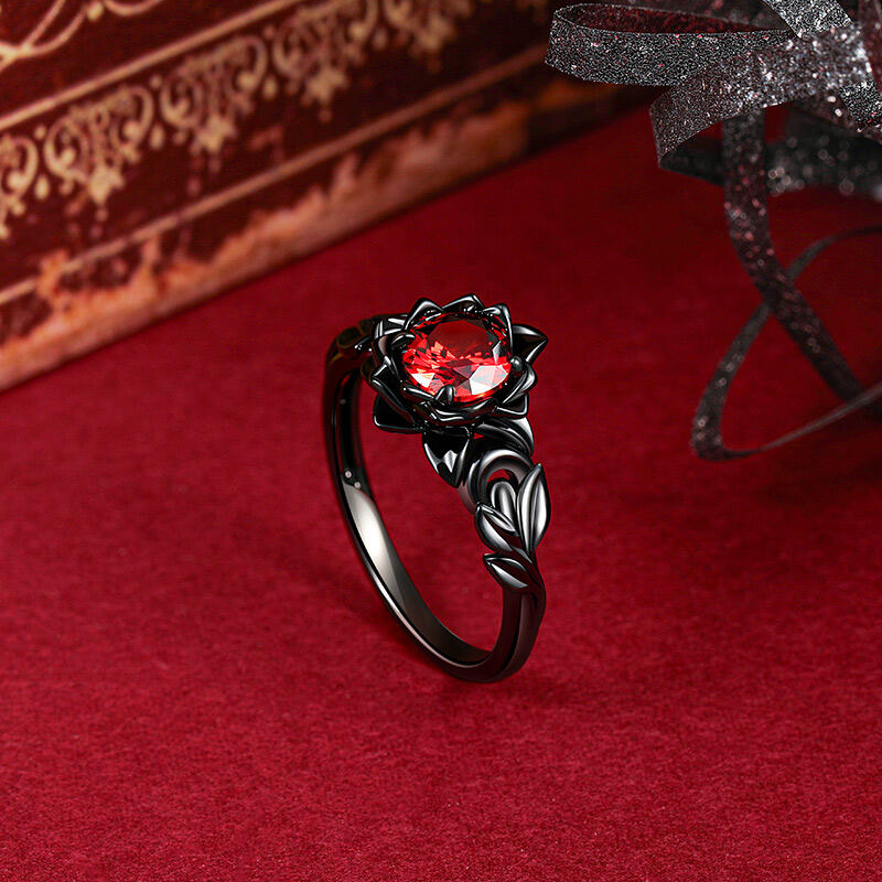 Jeulia Black Floral Round Cut Gothic Ring Sterling Silver
