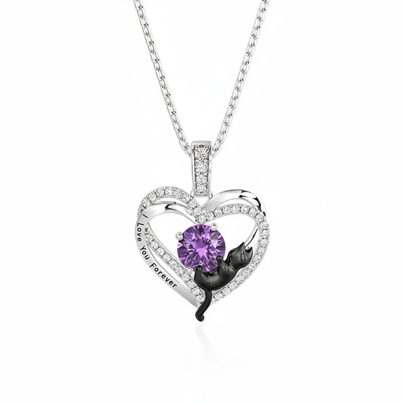 Jeulia Custom Black Cat Double Heart Necklace With Birthstone