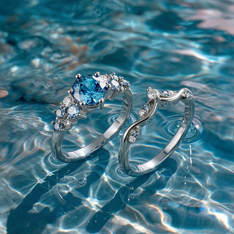 Blue Riungs Jeulia “Song of the Spring” Blue Round Bridal Ring Set - Jeulia Jewelry